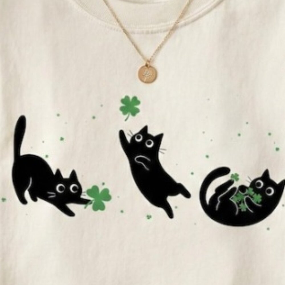 St. Patrick's Day Cat T-Shirt, Lucky Clover Graphic Tee - Picture 2 of 4